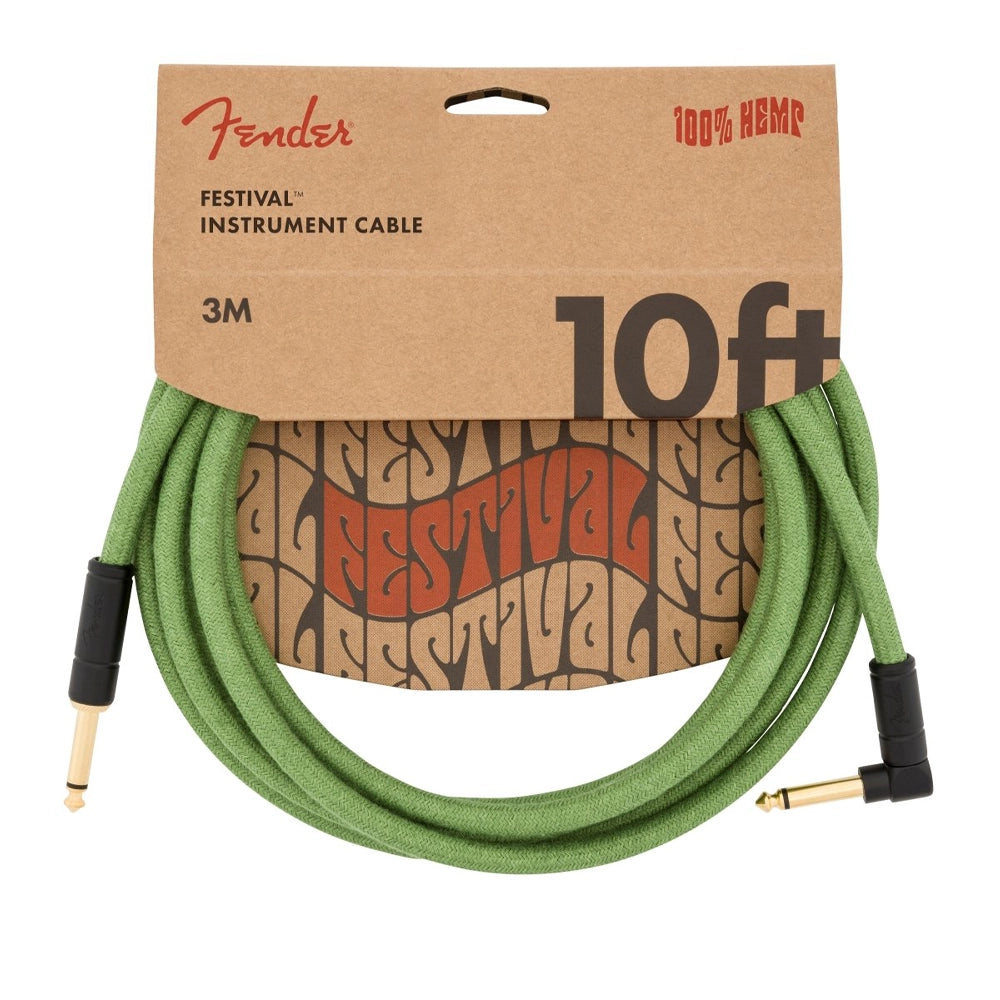 10 - foot Green Fender Festival Hemp Instrument Cable: Straight to Right Angle