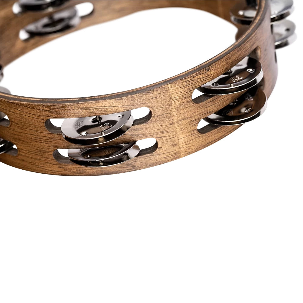 Meinl 8" Compact Double Row Hammered Nickel Plated Steel/Brass Jingles Tambourine in Walnut Brown - Cta2vm-Wb