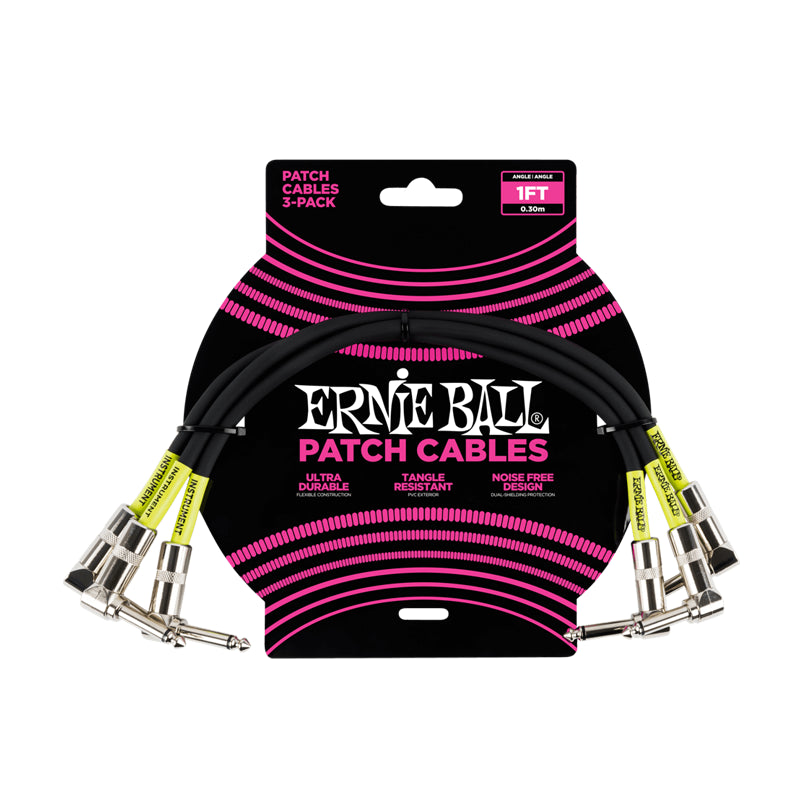 3-Pack of 1-Foot Black Right-Angled Patch Cables - Ernie Ball P06075