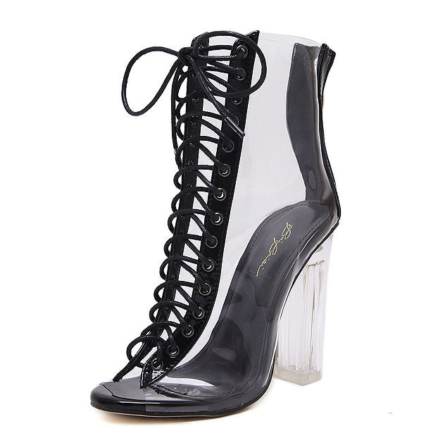 black clear lace up heels