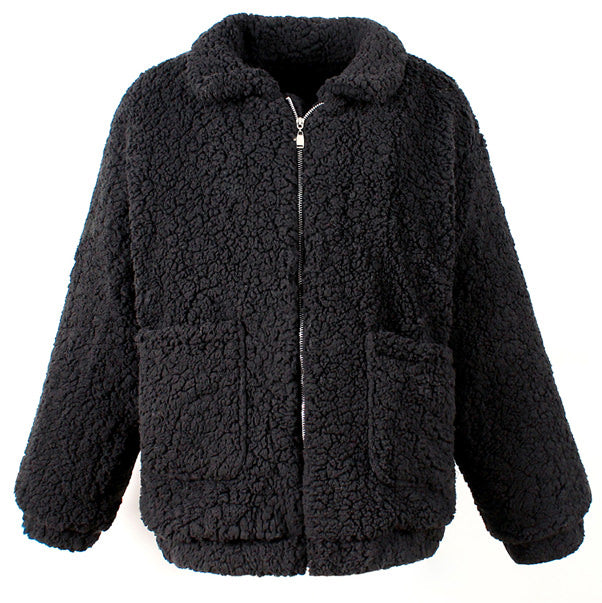 black zip up teddy jacket