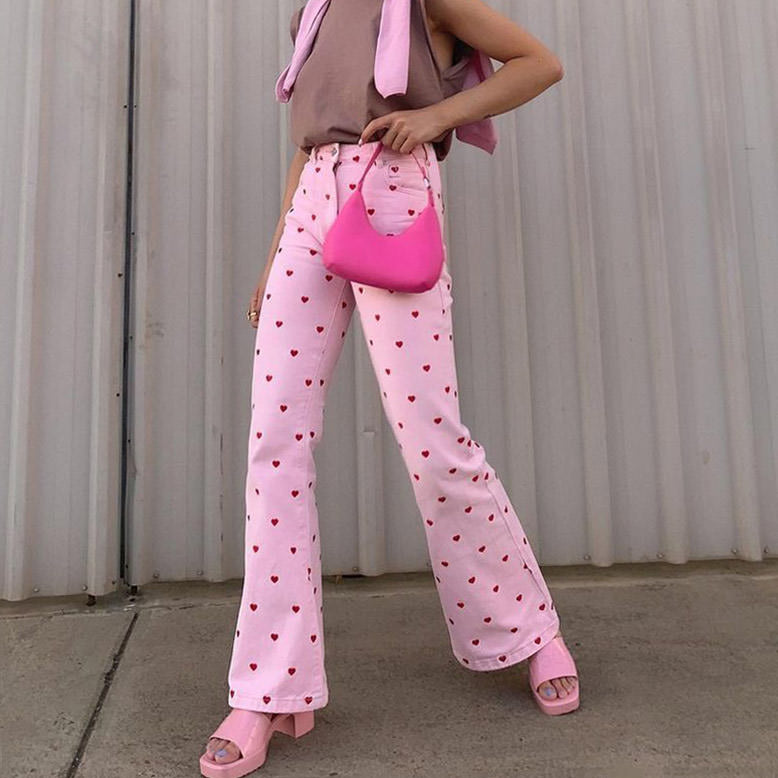 Pink Heart Flare Trousers BOOGZEL APPAREL – Boogzel Apparel
