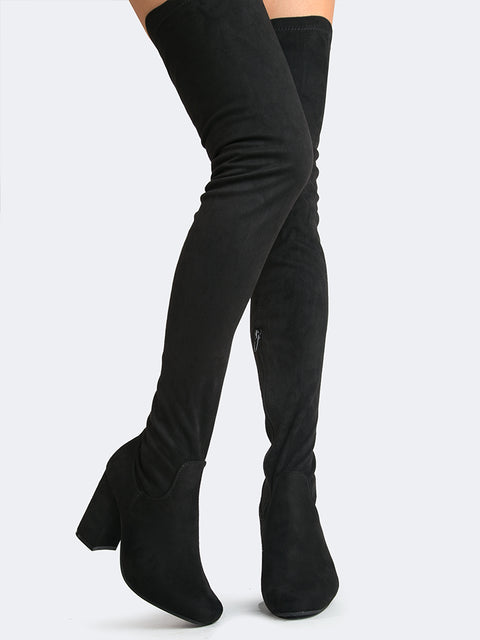 thigh high black suede boots with heel