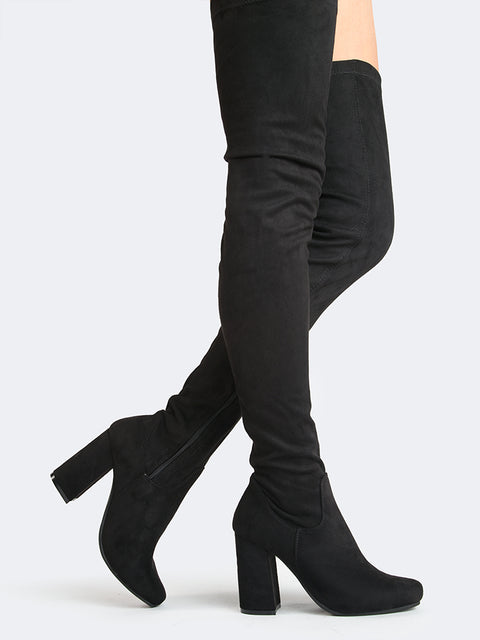 black suede thigh high heel boots