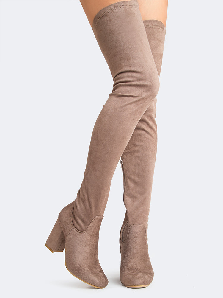 thigh high taupe suede boots