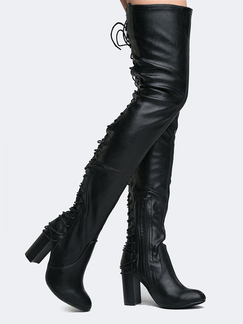 leather lace up over the knee boots