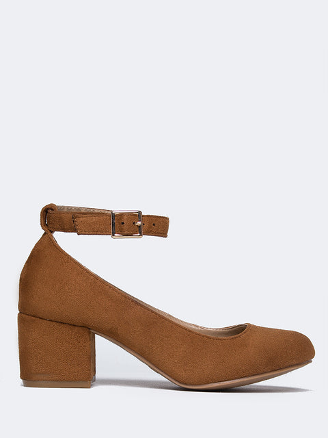suede block heels with ankle strap