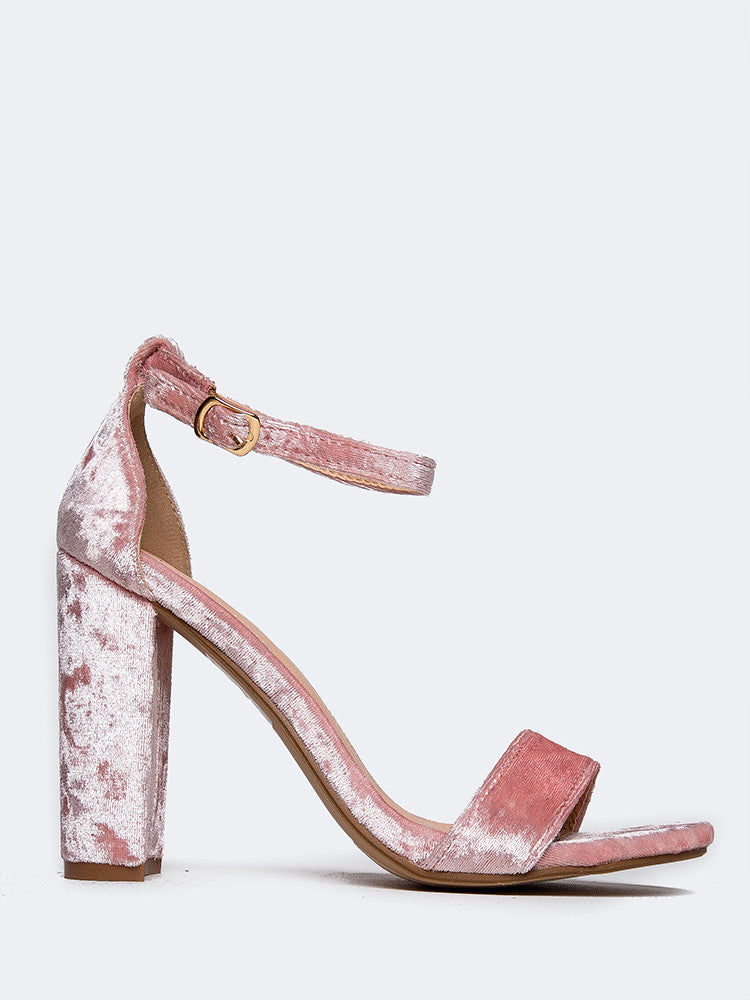 pink velvet block heels