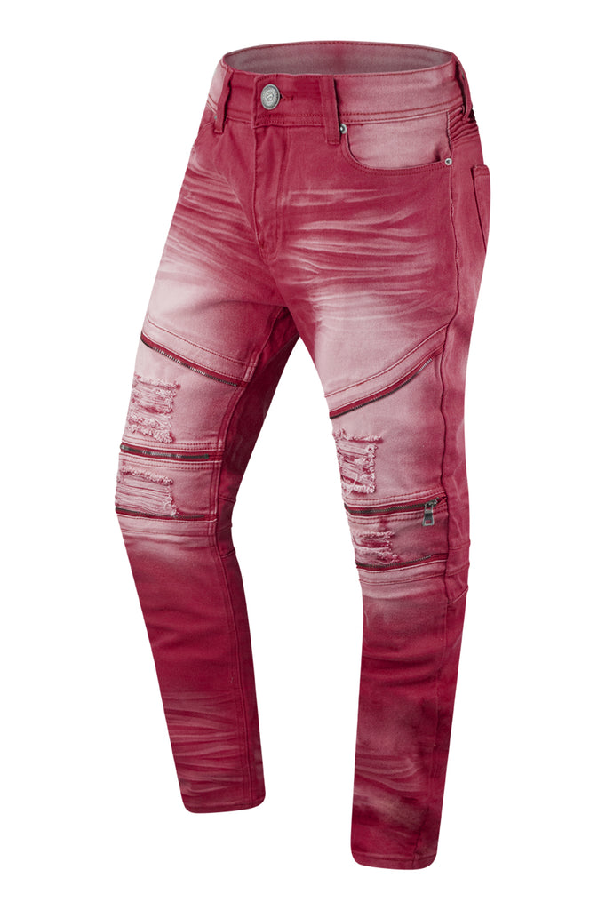 maroon biker jeans