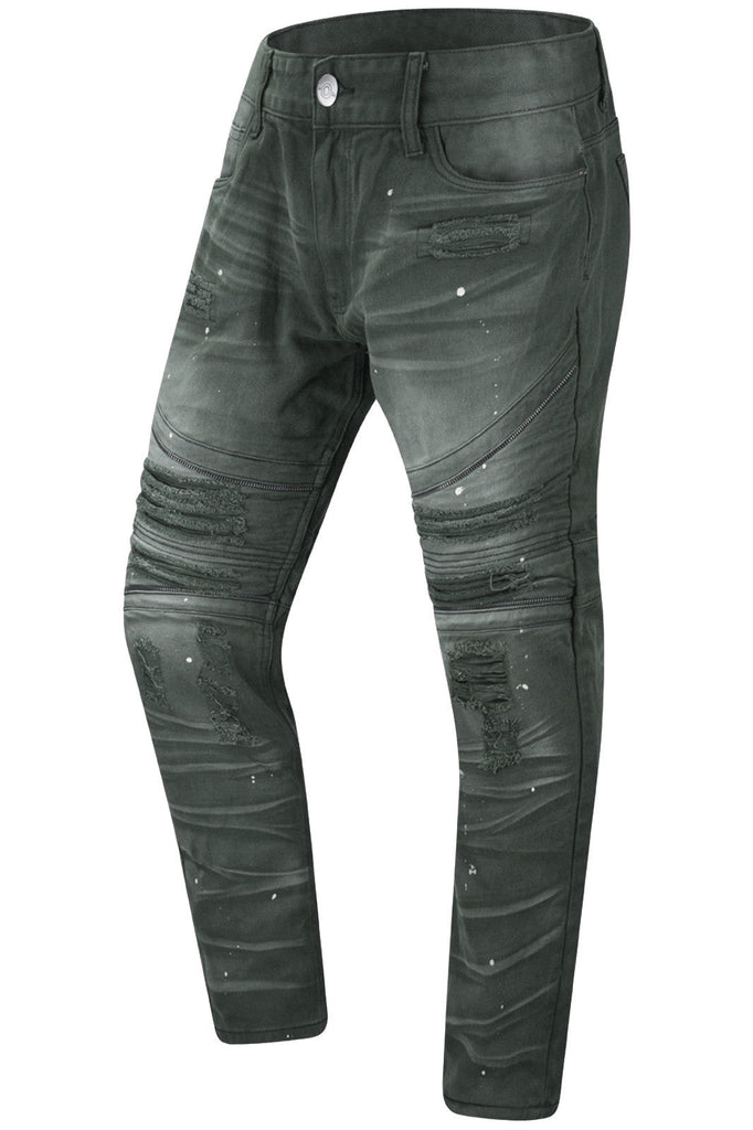 biker jeans with paint splatter