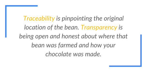 Traceability is pinpointing the original location of the bean. Transparency is being open and honest about where that bean was farmed and how your chocolate was made.  Why the mystery?
