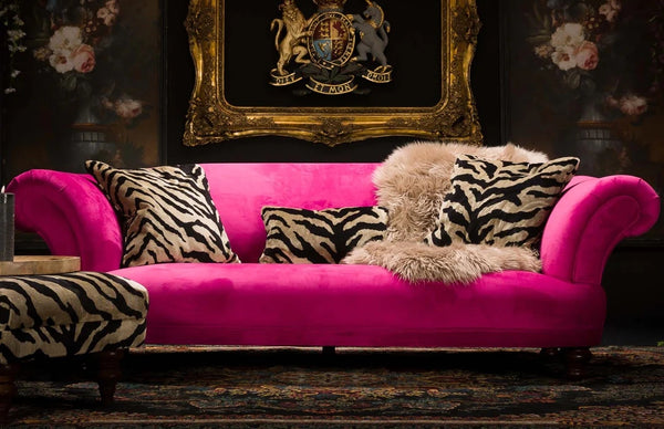 Pink Oliver sofa with leopard in luscious velvet