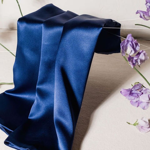 Navy silk pillowcase with lavender flowers