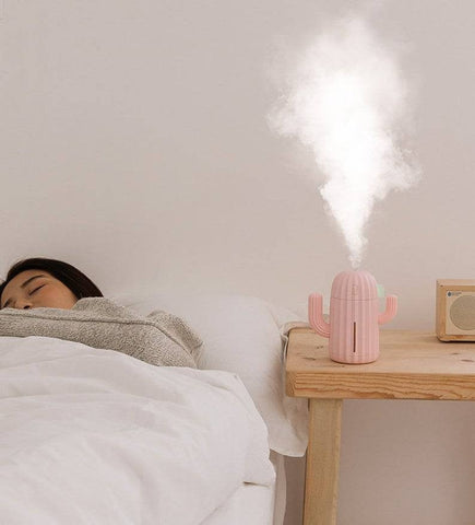 Pink Cactus humidifier next to person sleeping