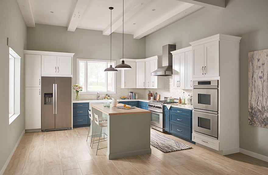 kitchen with white blue cabinets