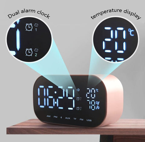 Mirrored Alarm Clock Modern Digital LED - FM Radio - Bluetooth