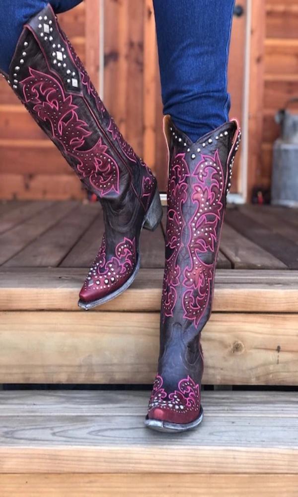 Old Gringo Ilona Tall Boots in Chocolate Brown w/Red and Hot Pink Stitching