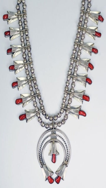 Vicki Orr Vintage Navajo Branch Coral Squash Blossom Necklace