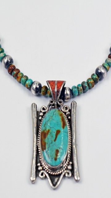 Vicki Orr Fox Turquoise and Navajo Pearl Beaded Necklace w/ Vintage Tibetan Turquoise Pendant