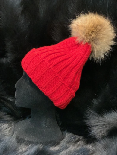 Morris Kaye Knit Hat with Detachable Fur Pom Pom - RED ONLY