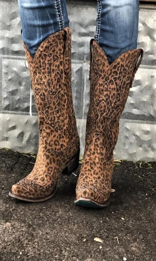 Lane Saratoga Stud Boots in Custom Cowgirl Kim Wild Cheetah Print
