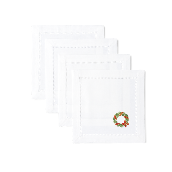 Holly Ribbon Wreath Cocktail Napkins, Set of 4