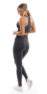 Rear view of girl wearing Liquorice body luxe ultra high waist leggings & matching racer back bra