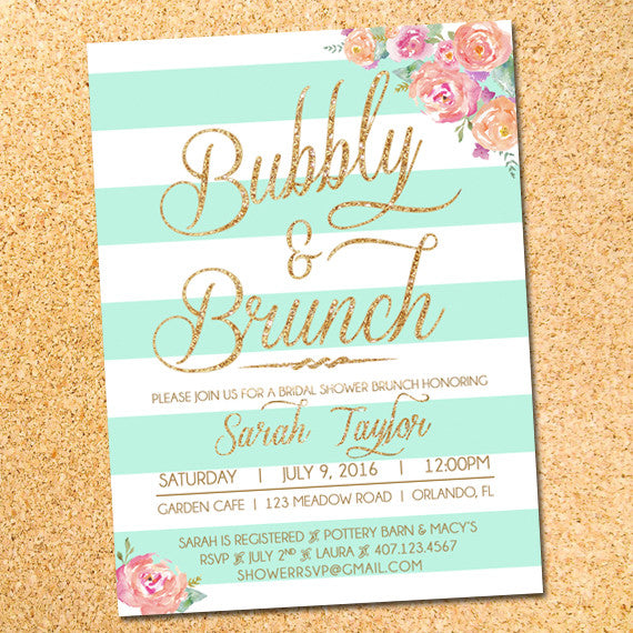 Bubbly Brunch Stripes And Flowers Bridal Shower Invitation