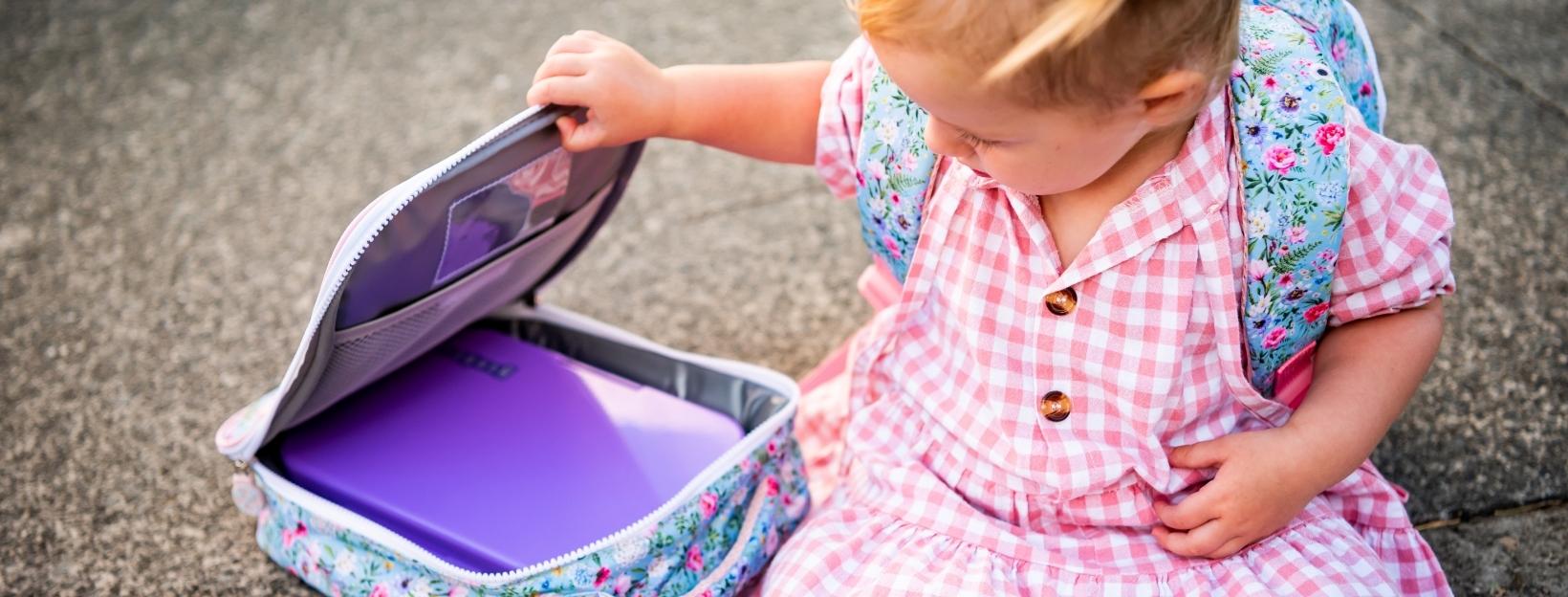 TODDLER OPENING FLORAL LUNCH BAG WITH PURPLE LUNCH BOX