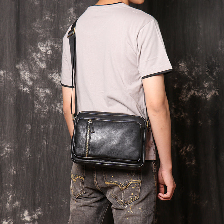 Full Grain Leather Shoulder Bag Black Leather Messenger Bag Casual  Crossbody Bag