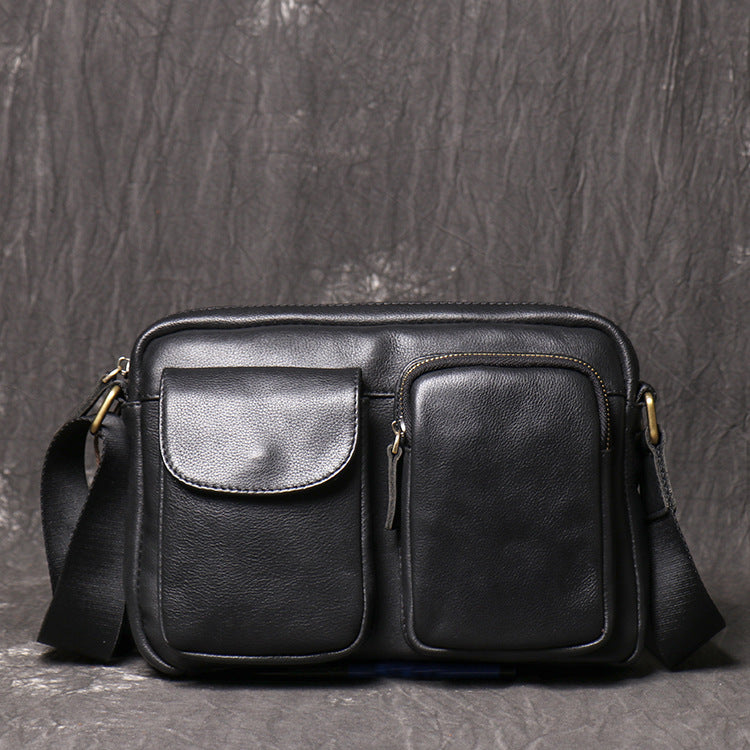Leather Messenger Bag Black Casual Crossbody Bag Minimalist 