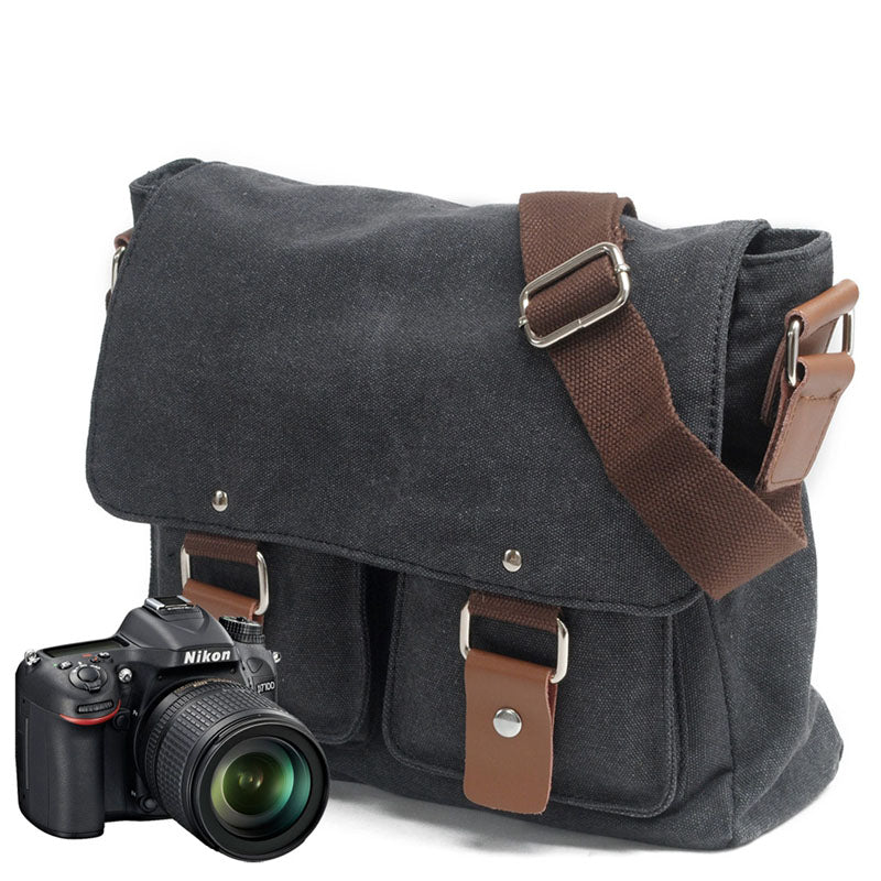 Vintage Genuine Leather and Canvas Camera Shoulder Bag Messenger Bag M – Unihandmade