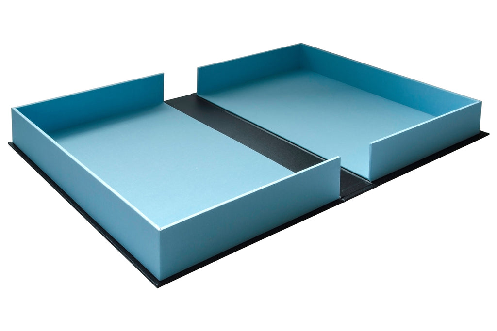 clamshell portfolio box in custom blue and black buckram