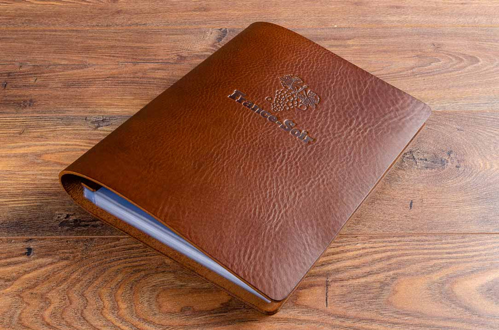Luxury but simple A4 leather veg tanned menu cover with blind debossed personalisation