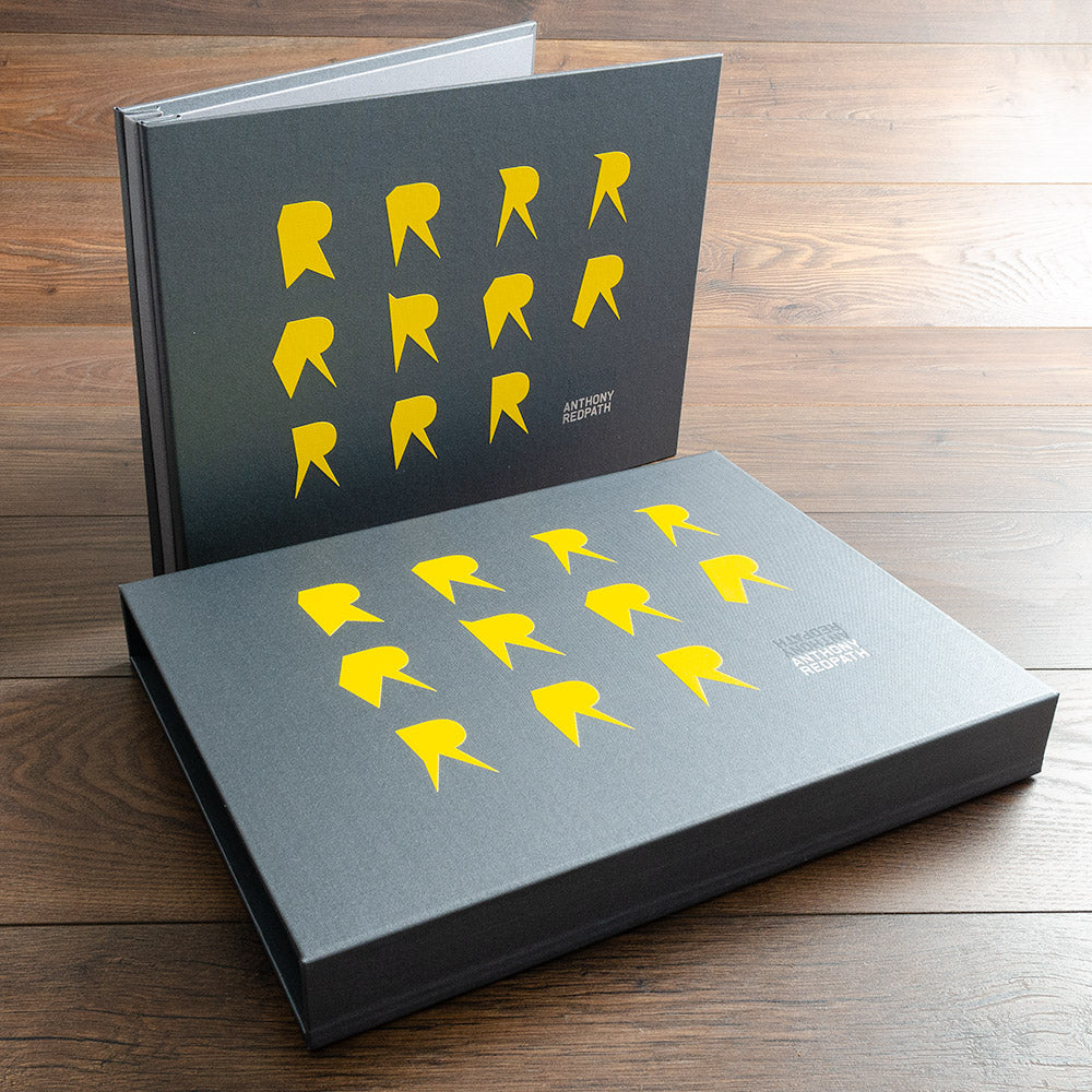 screw post portfolio cover and slipcase in grey with yellow logo personalisation