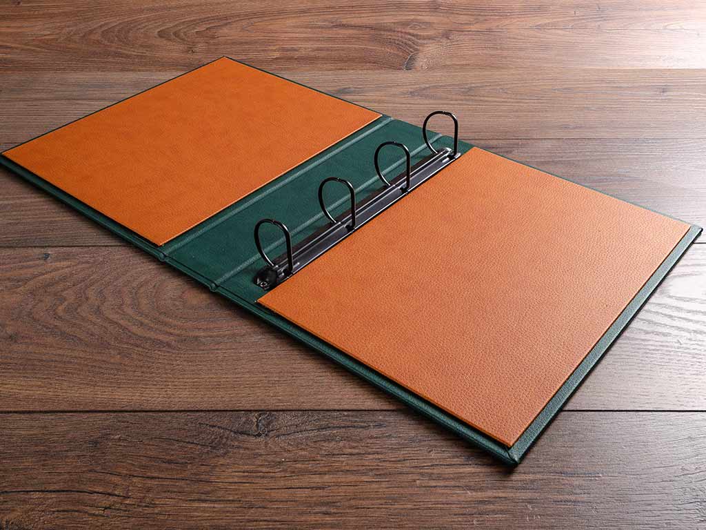 custom made luxury ring binder portfolio in faux brown and green leather for classic car.
