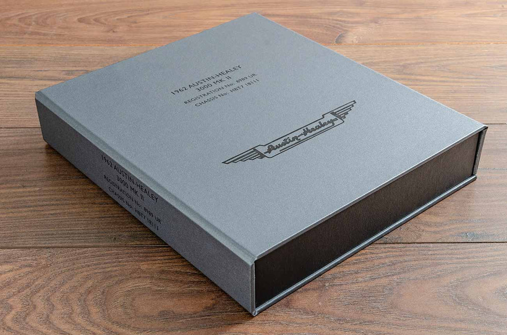 custom made clamshell box for austin healey documents invoices and restoration history