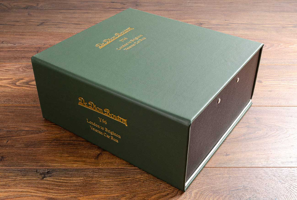 Green leather box file for london to brighton vintage car