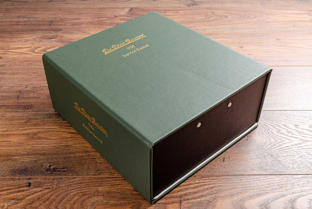Service record document box in sage green leather and gold foil personalisation