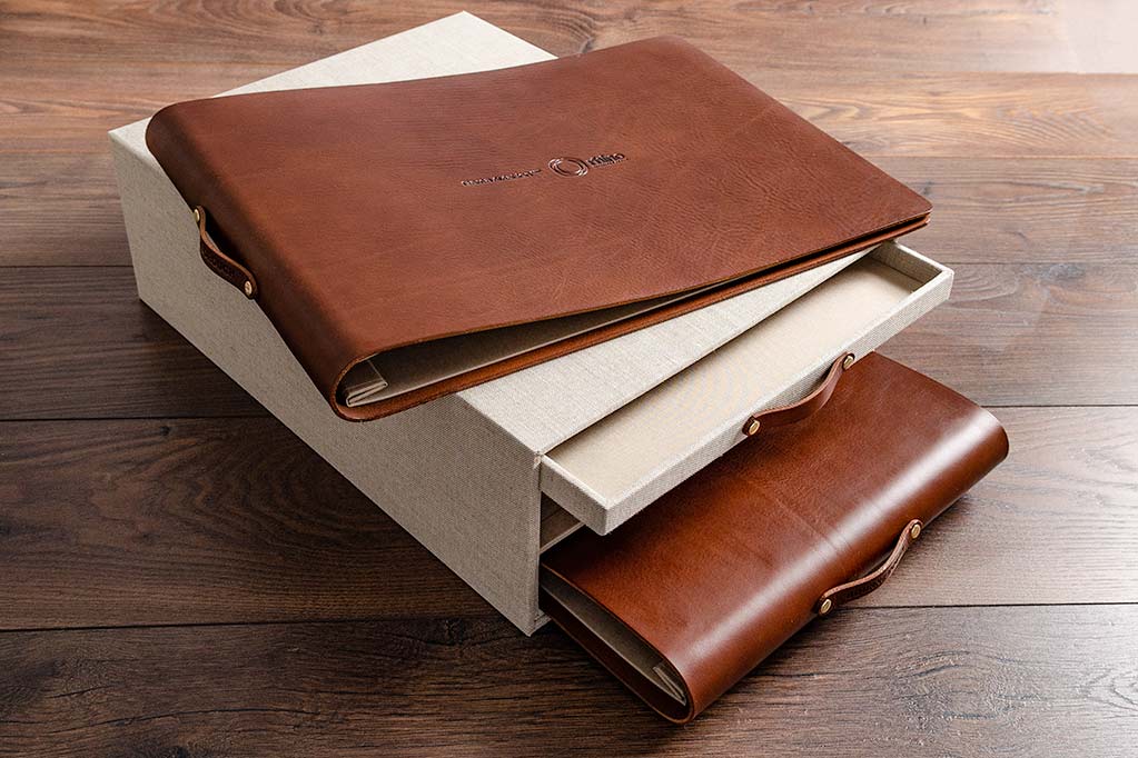 custom made leather presentation portfolio and slipcase box for commercial bid tender