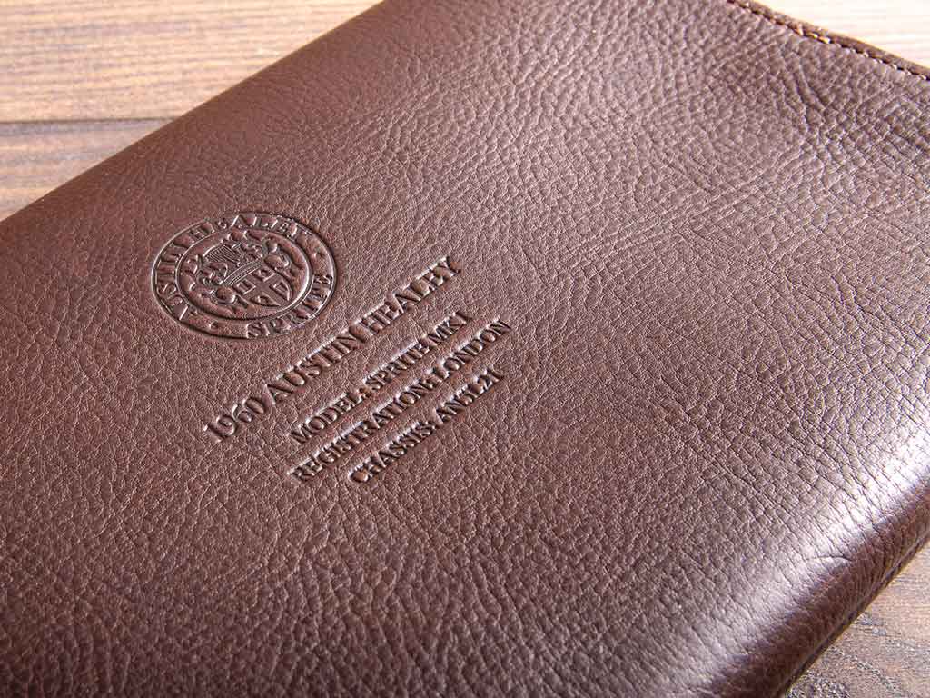 austin healey sprite document holder with personalised embossed cover