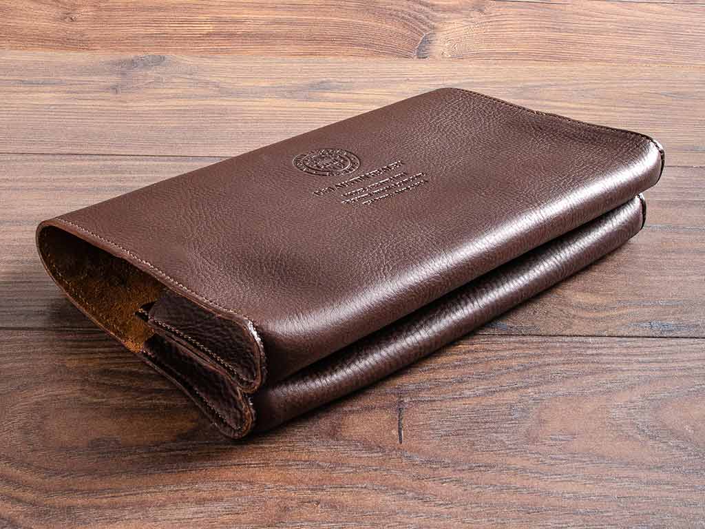 leather document wallet for classic car history and documents with austin healey logo embossed on the cover