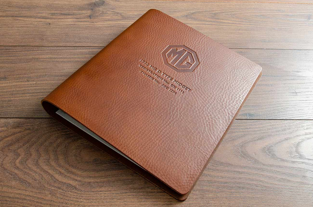 Custom MG leather ring binder service history and document folder with personalised front cover