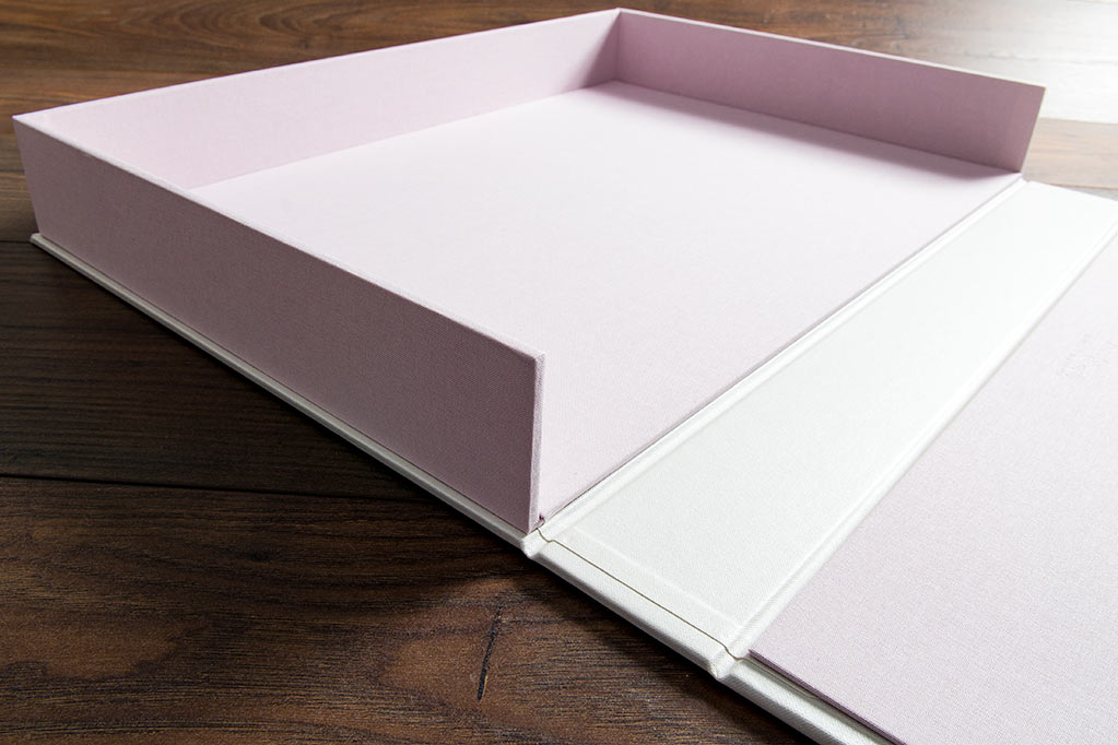 double thick walls in clamshell solander box in calamine pink for keepsake album.