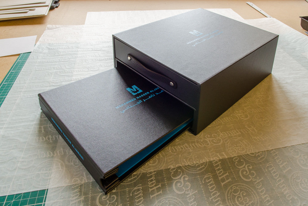 Combination folder portfolio and slipcase with with drawer inside box