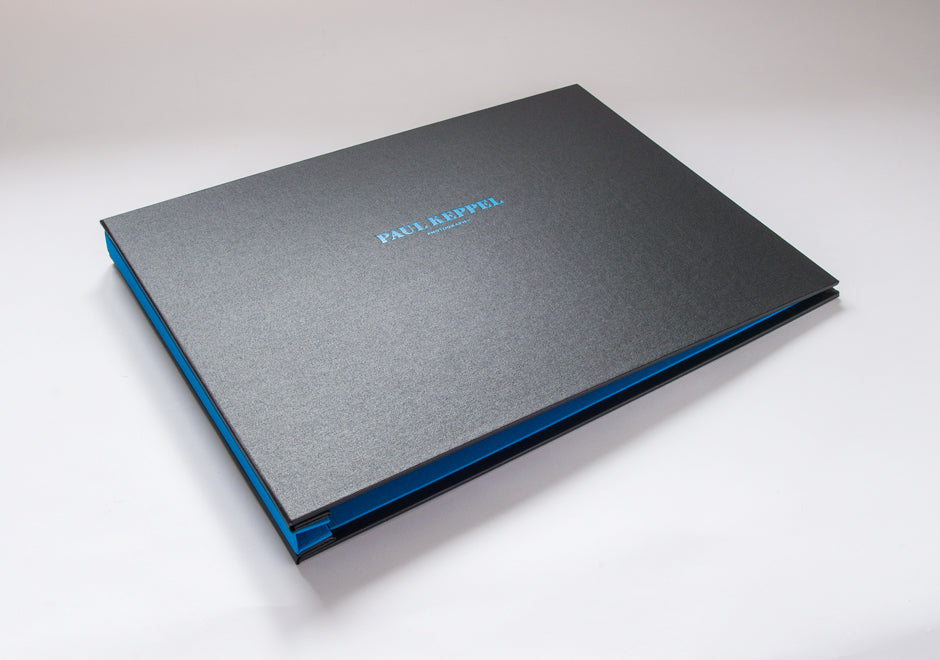 A3 photographers portfolio presentation book in Charcoal buckram and Brillianta blue inner cover and spine cover