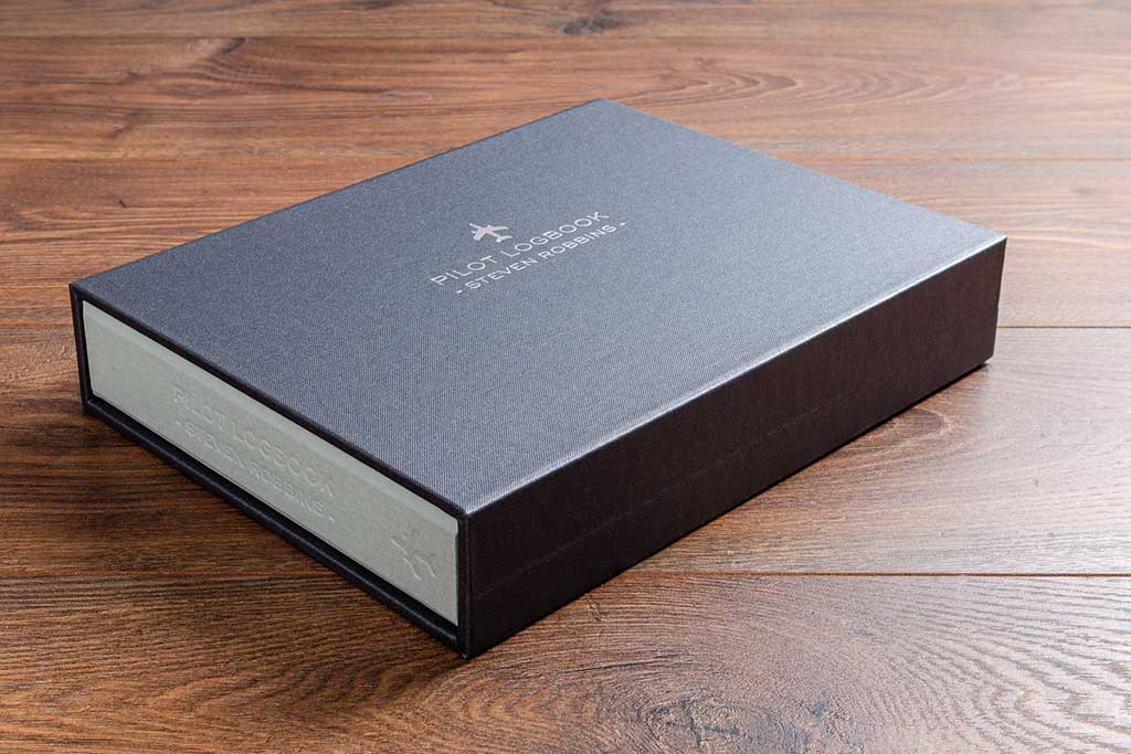 custom made pilot logbook in a personalised slipcase