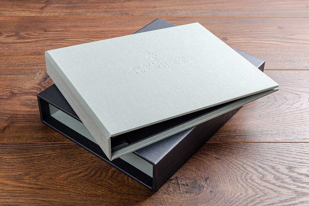 custom made pilots log book binder with embossed cover and protective slipcase