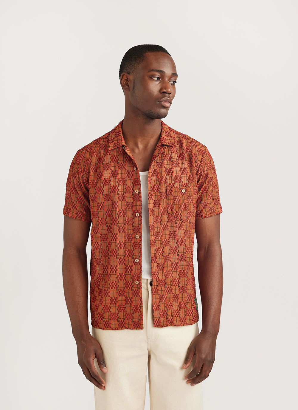 Men's Cuban Collar Shirt | Textured Cotton | Brick | Percival Menswear