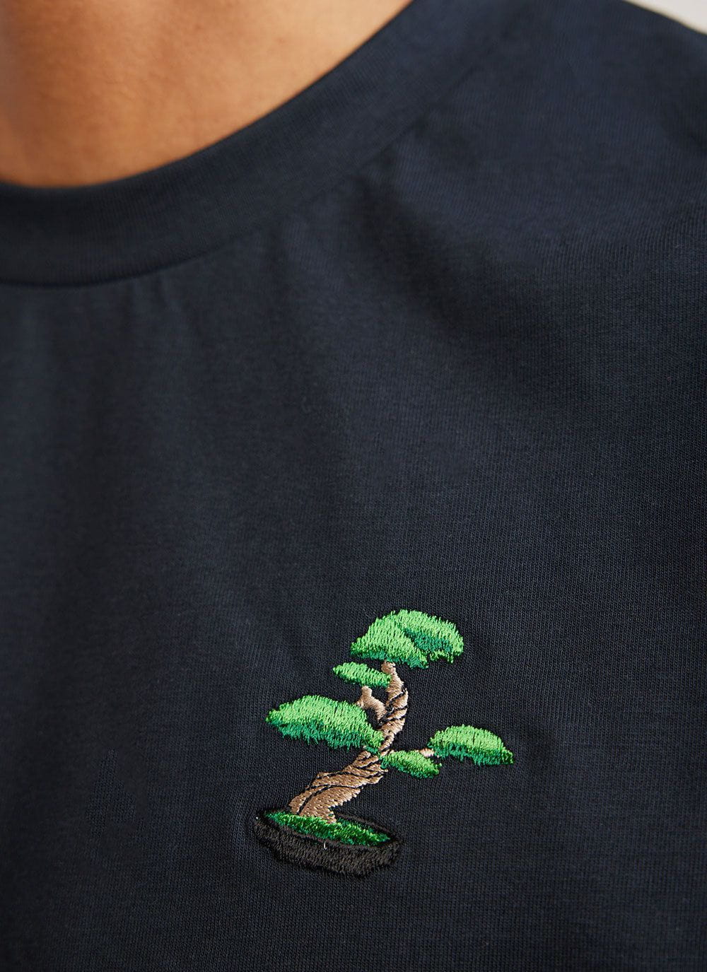 Bonsai Tree T Shirt | Embroidered Organic Cotton | Navy | Percival